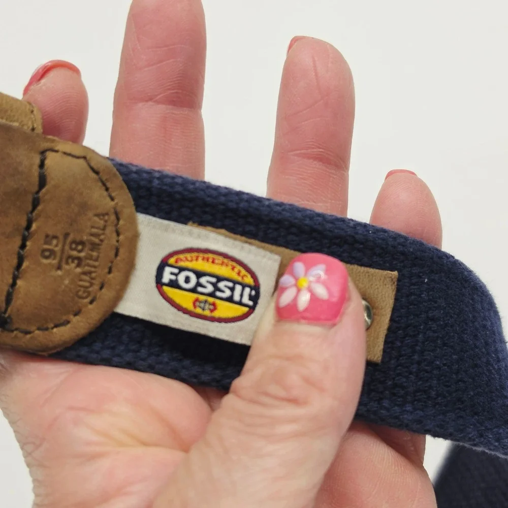 Fossil Utility Gear Mens Navy Blue Canvas Web Belt Leather Trim Size 38